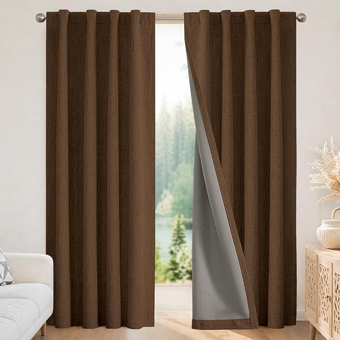 Joydeco Blackout Curtains for Bedroom - 90 Inch Long 100% Light Blocking 2 Panels Cappuccino Drapes, Thermal Insulated Room Darkening Curtains, Linen Textured for Living Room, Rod Pocket & Back Tabs