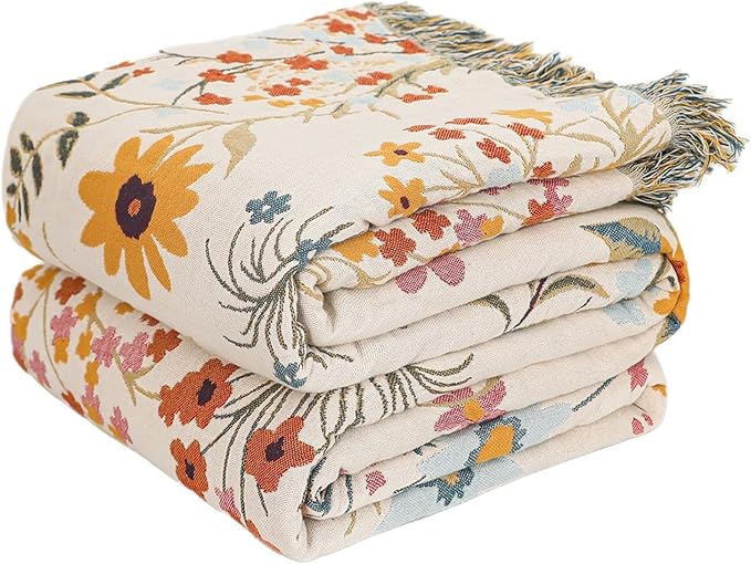 MSGKV Boho Throw Blanket for Couch Chair 100% Cotton Floral Blanket 50"x60" Sofa Blankets Lightweight Farmhouse Muslin Spring Breathable Bed Blankets Home Decor All Seasons