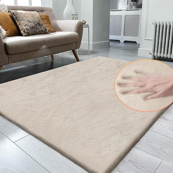 ORINOVA Beige Plush Faux Washable Rabbit Fur Area Rugs for Bedroom Shag Carpet for Living Room 4x6 Rectangle Nursery Rug