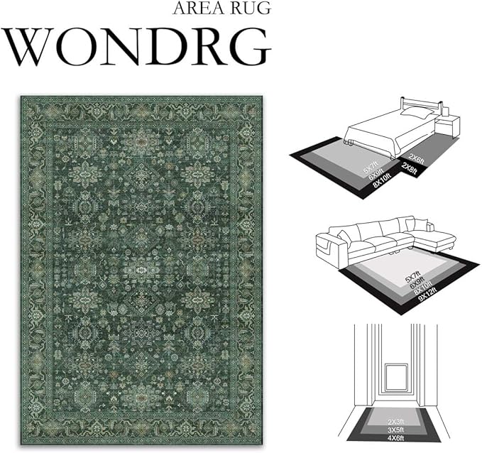 5x7 Washable Area Rug for Living Room Bedroom Vintage Green Soft Low Pile Carpet Traditional Retro Non Slip Throw Rug for Dining Room Entryway Indoor Dorm Kitchen