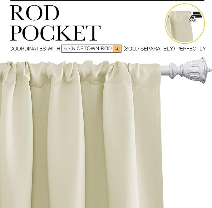 NICETOWN Room Darkening Curtains for Bedroom - Home Decoration Privacy Protection Thermal Insulated Solid Drapes/Draperies for Sliding Glass Door (Beige, Set of 2, 34 x 84 inches)