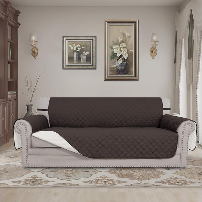 Easy-Going 4 Seater Sofa Slipcover Reversible Sofa Cover Water Resistant Couch Cover with Foam Sticks Elastic Straps Furniture Protector for Pets Children Dog Cat (XX-Large, Chocolate/Ivory)