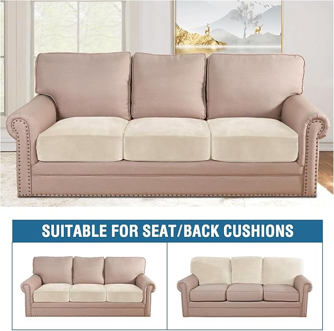 H.VERSAILTEX Velvet Stretch Couch Cushion Cover Plush Cushion Slipcover for Chair Loveseat Sofa Cushion Furniture Protector Seat Cushion Sofa Cover (3 Piece XL Sofa Cushion Covers, Cream)