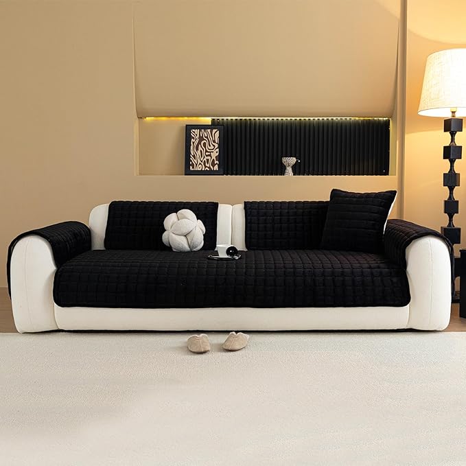 Velvet Couch Cover, Plush Sectional Sofa Cover Washable, Anti Slip Sofa Slipcover for 3 Cushions Sofas, Furniture Protector Covers for Pets & Kids(1PC, Black, 35.4"×71", 3-Seater)