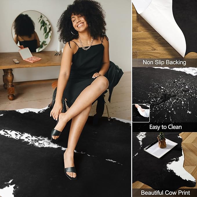 AROGAN Oversized Faux Cow Hides and Skins Rug-5.2 × 6.2 Feet Cow Print Area Rugs for Living Room Bedroom Western Rug Boho Room Decor, Animal Hide with No-Slip Backing, Black and White