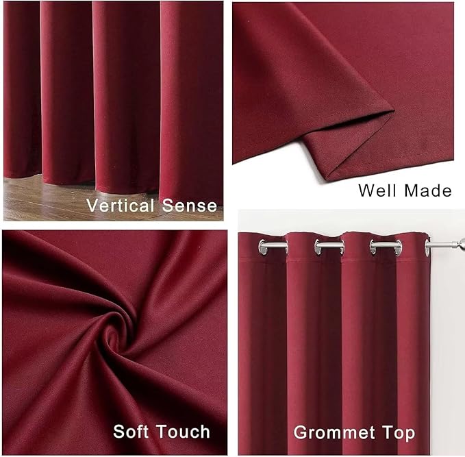 Joydeco Blackout Curtains for Bedroom 108 inch Long 2 Panels, Thermal Insulated Room Darkening Curtains with Grommets, Soft Window Drapes for Living Room (W52 x L108 Inch, Burgundy Red)
