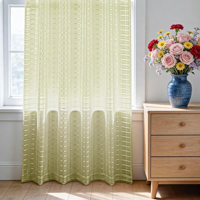 SpaceDresser Check Sheer Curtains 45 Inches 2 Panels Set, Rod Pocket Plaid Window Curtain for Living Room, Sage Green Semi Sheer Drapes for Kitchen Bedroom Children Room Yard（Sage Green, 52W x 45L）