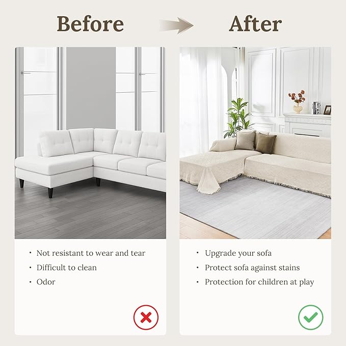 HOMERILLA Sectional Couch Covers for Sectional Sofa L Shaped Sofa Cover Blanket 2 Pieces L Shape Furniture Protector for Pets Dogs(Ivory, X-Large)