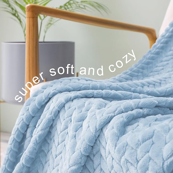 Exclusivo Mezcla Fleece Twin Size Blanket for Bed, 60x80 Inches Soft Cozy Jacquard Flannel Blankets, Lightweight Fuzzy Plush Warm for Women, Light Blue