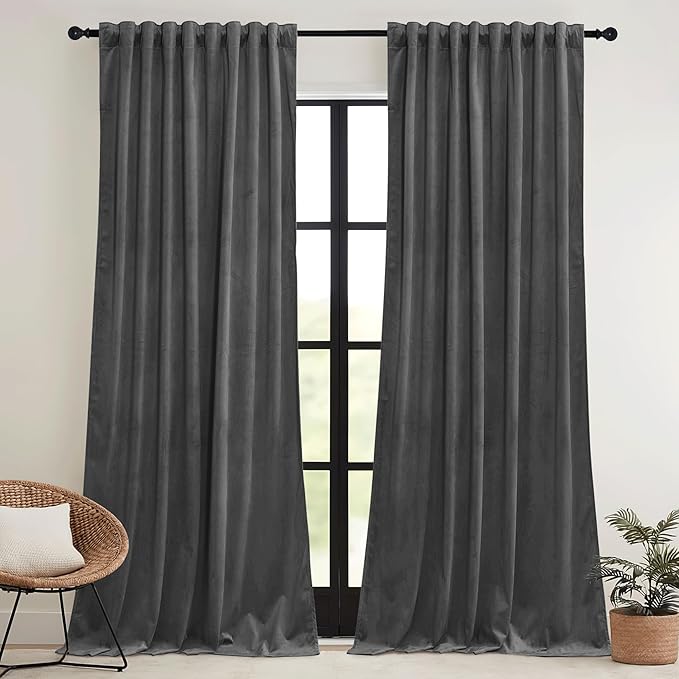 RYB HOME Velvet Blackout Curtains for Bedroom - Super Soft Room Darkening Curtains Thermal Insulated Drapes Heat Block Window Panels for Living Room, Wide 52 x Long 96, Grey, 2 Panels