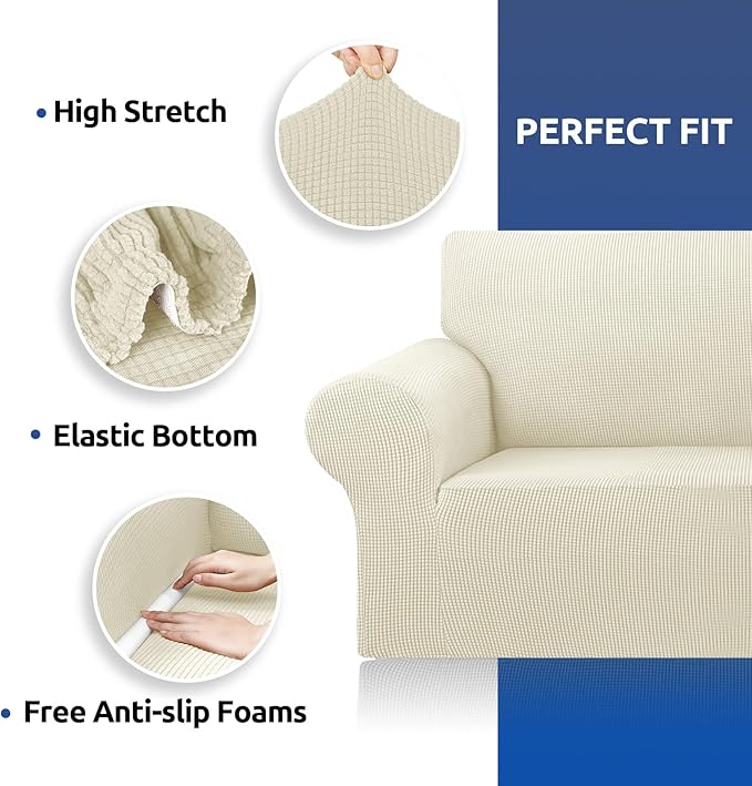 KEKUOU Stretch Loveseat Sofa Cover Slipcover,Couch Covers for 2 Cushion Couch Sofa (55"-78") Furniture Protector Sofa with Elastic Bottom for Kids,Dog. Jacquard Small Checked(Medium,Beige)