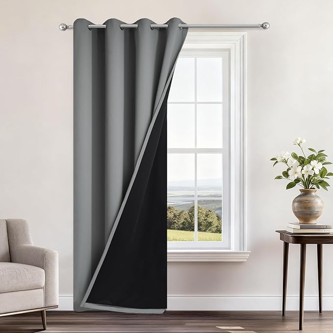 Yakamok 100% Blackout Curtains 96 Inches Long, 2 Thick Layers Heat and Full Light Blocking Soft Thermal Insulated Drapes for Bedroom(52" Wide Each Panel, Grey, 1 Panel)