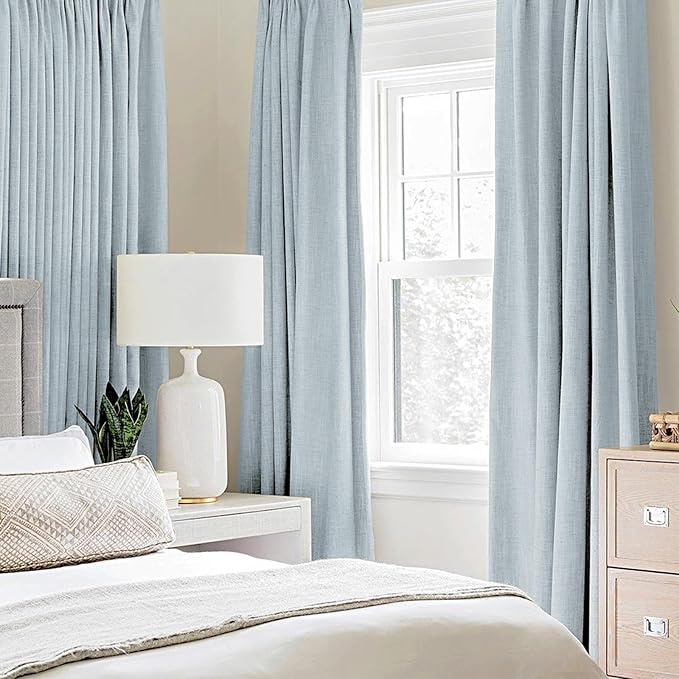 MIULEE Linen Textured Curtains for Bedroom Solid 100% Blackout Thermal Insulated Chambray Blue Grommet Room Darkening Curtains & Drapes Luxury Decor for Living Room Nursery 52 x 45 Inch (2 Panels)
