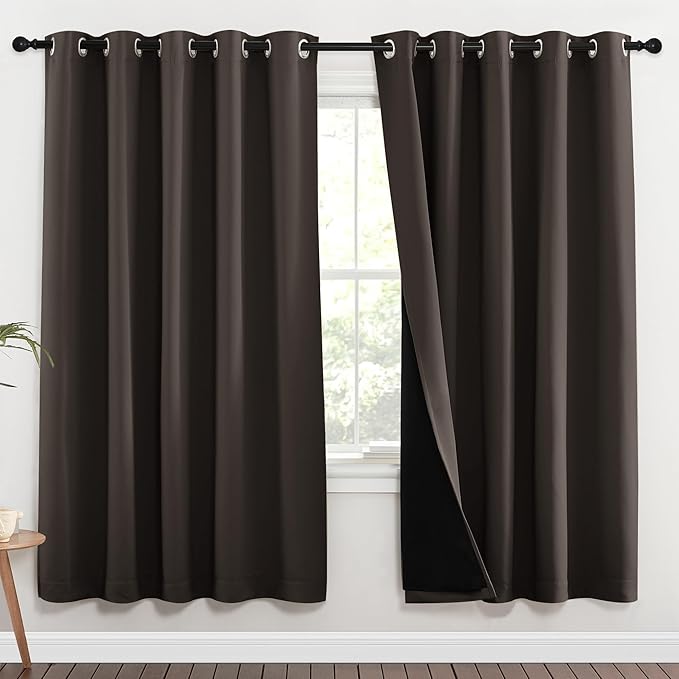 NICETOWN 100% Blackout Window Curtain Panels, Brown, 2 Pieces, 62-inch Wide Per Panel, Full Light Blocking Drapes with Black Liner for Nursery, 72-inch Drop Thermal Insulated Draperies