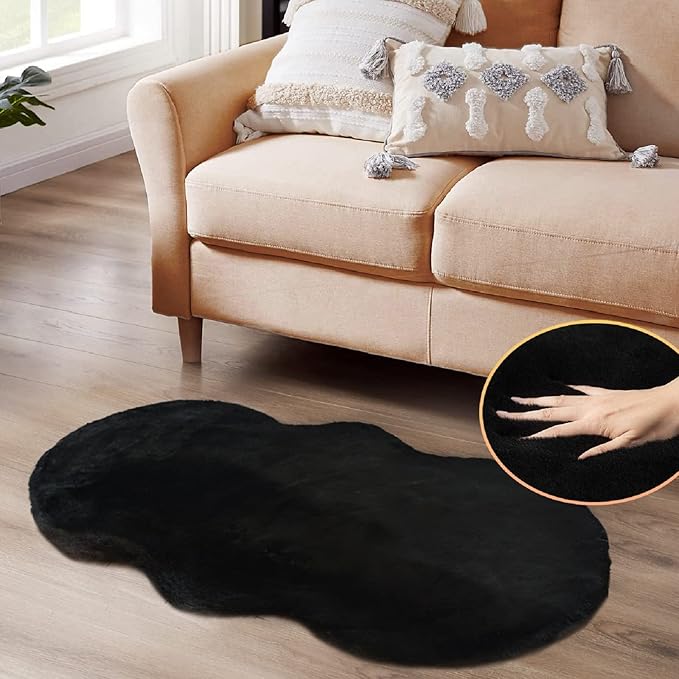 ORINOVA Black Faux Rabbit Washable Fur Area Rugs for Bedroom Small Fluffy 2x4 Fur Rug Chair Cushion Living Room Décor