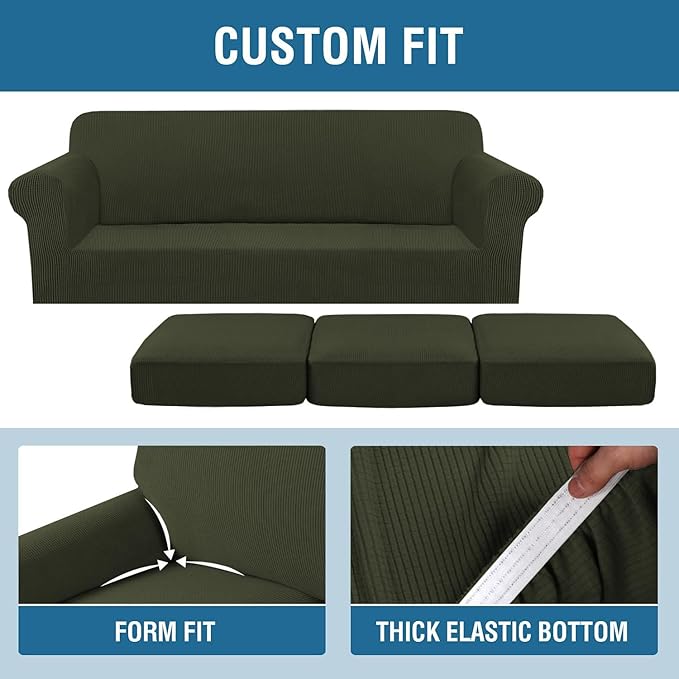H.VERSAILTEX 4 Piece Stretch Sofa Covers for 3 Cushion Couch Covers for Living Room Furniture (Base Cover Plus 3 Seat Cushion Covers) Upgraded Thicker Jacquard Fabric (Sofa, Olive)