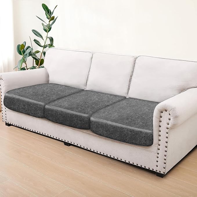 Leather Look Couch Cushion Covers Sofa Seat Slipcovers Sets Couches Furniture Protector for Sectional Armchair Loveseat Pets Kids Stretch Spandex Fabric (3 Cushion Sofa, Light Grey-04)