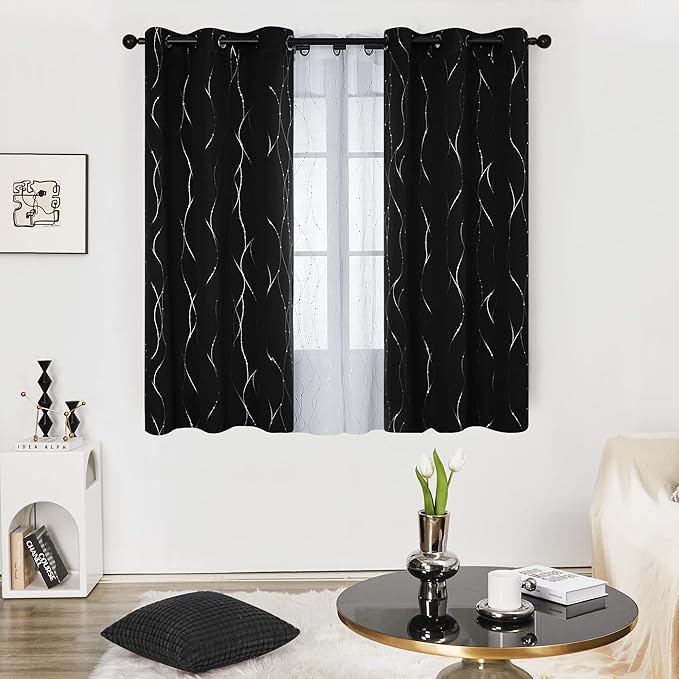 Deconovo Blackout Curtains 63 Inch Long 2 Panels Set, Black Drapes, Thermal Insulated Noise Reducting Privacy Curtain with Silver Print, Grommet Top, Machine Washable Window Panel for Bedroom Nursery