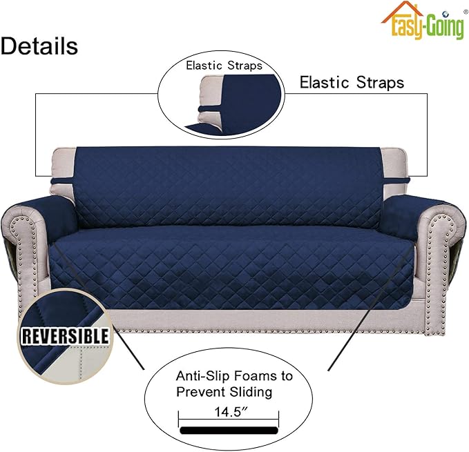 Easy-Going Reversible Couch Cover for 3 Cushion Couch Sofa Cover for Dogs Water Resistant Furniture Protector Cover with Foam Sticks Elastic Straps for Pet Cat (Sofa, Navy/Ivory)