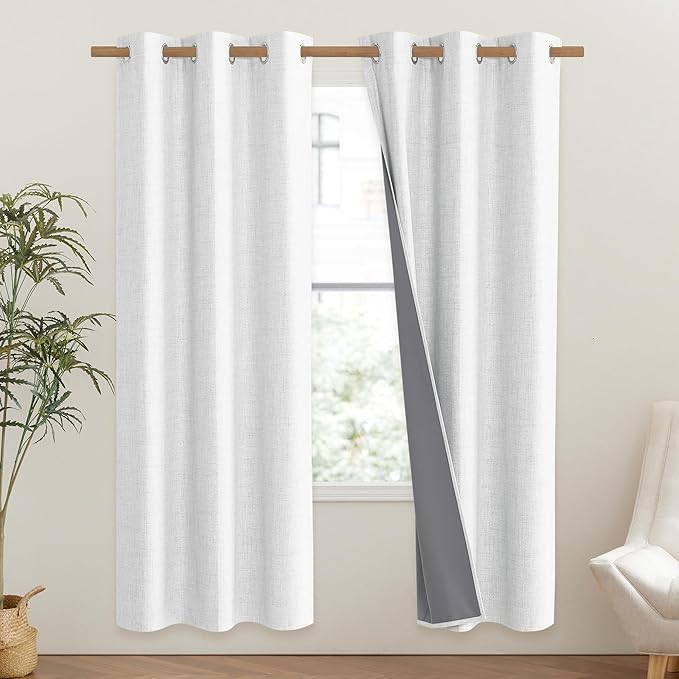 NICETOWN 100% Absolutely Blackout Linen Curtains with Thermal Insulated Liner, Greyish White, 42" Wide, 72" Length Energy Saving Curtains for Classroom 2 Panels Set, Vertical Blinds