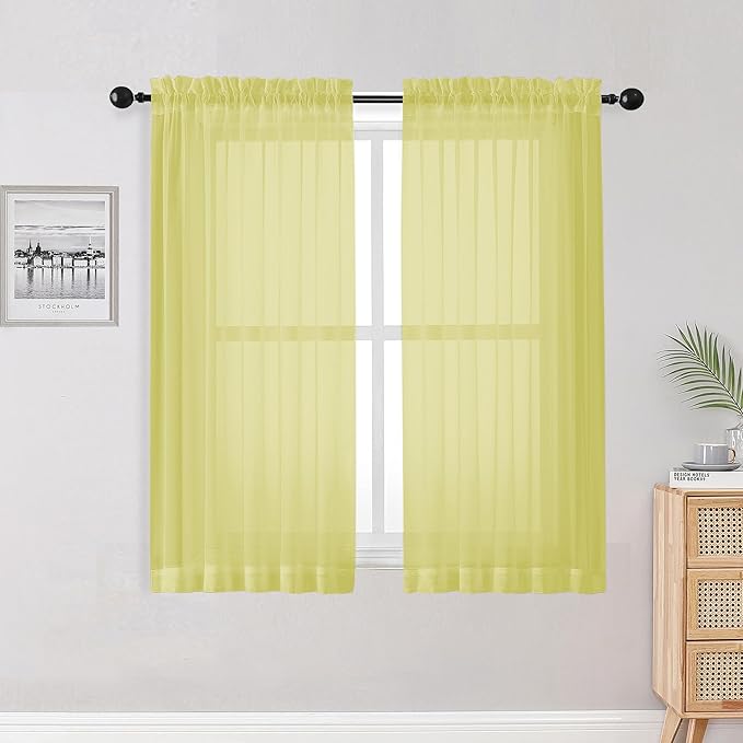 OWENIE Lemon Sheer Curtains for Bedroom Living Room 54 Inch Length 2 Panels Set, Soft Solid Light Filtering Sheer Short Curtains for Small Window, 2 Pcs Total 84 Width 54 Long, Lemon