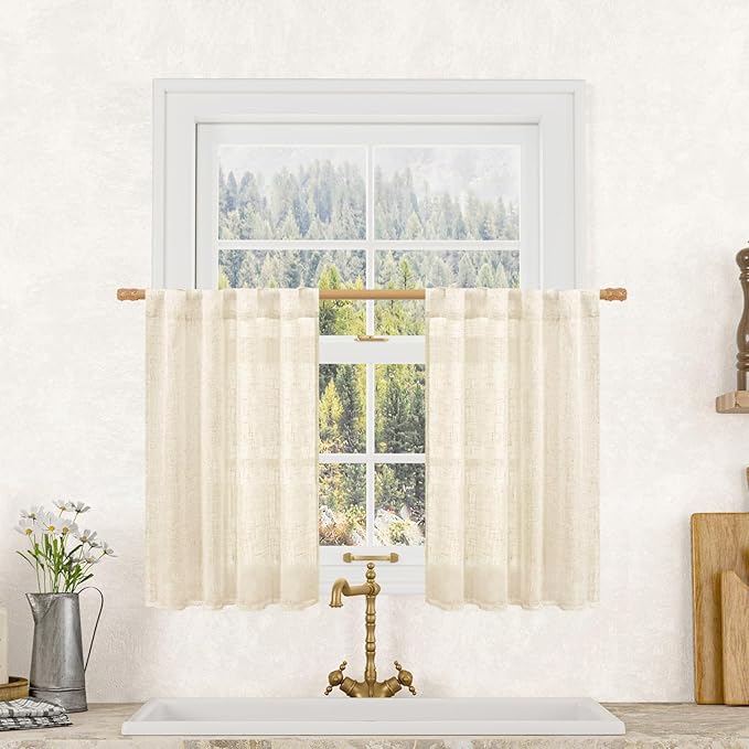 LAMIT Semi Sheer Beige Linen Curtains 36 Inch Length 2 Panels, Light Filtering Panels Back Tab and Rod Pocket Neutral Drapes for Bathroom/Kitchen/Loft Room, 25 x 36 Inch
