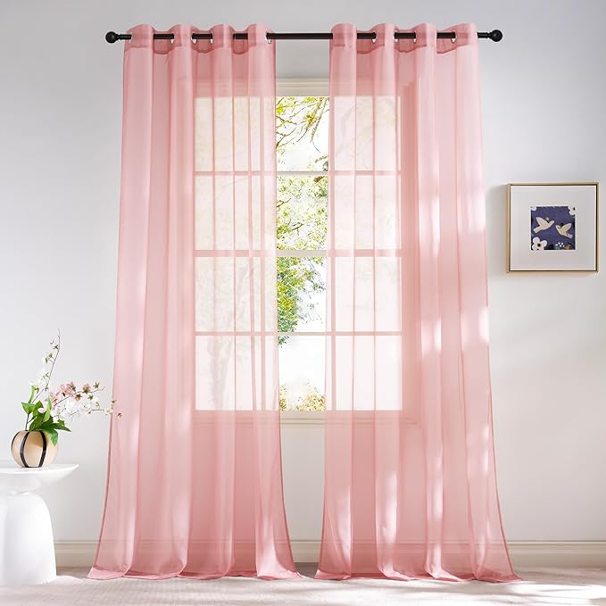 NICETOWN Baby Pink Sheer Curtains 96 Inches Long, Grommet Airy & Lightweight Window Treatments Translucent Elegant Drapes for Living Room/Bedroom, W54 x L96, 2 Panels
