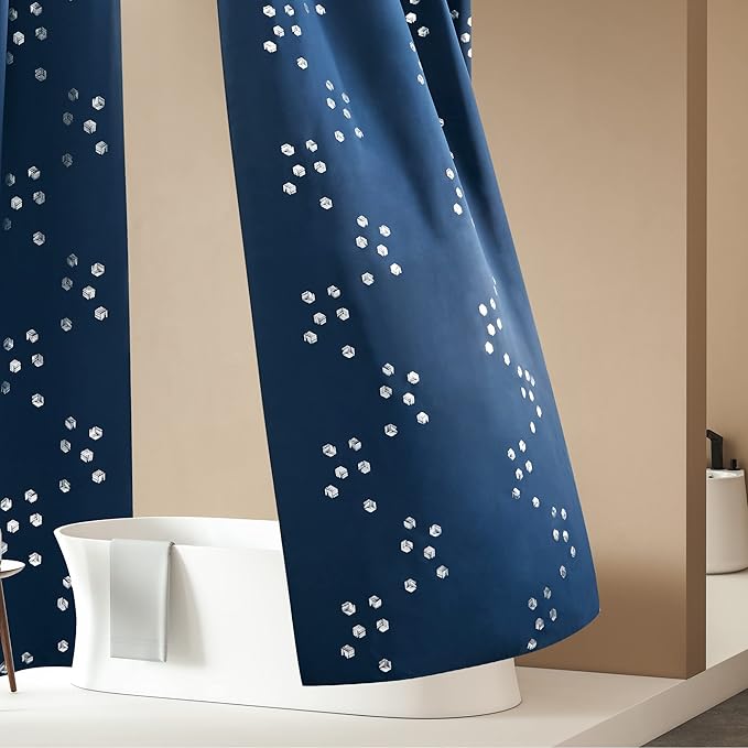 Deconovo Designer Series Silver Cubic Print Blackout Curtains for Living Room Bedroom, Thermal Insulated Soundproof Window Drapes, Grommet Top, Navy Blue,52W x 95L Inch, 2 Panels