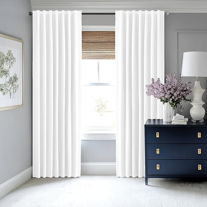 MIULEE 100% Blackout Linen Curtains for Bedroom, Bright White Solid Luxury Decor Thermal Insulation Room Darkening Drapes for Living Room Nursery Back Tab Rod Pocket 42 x 72 Inches, 2 Panels