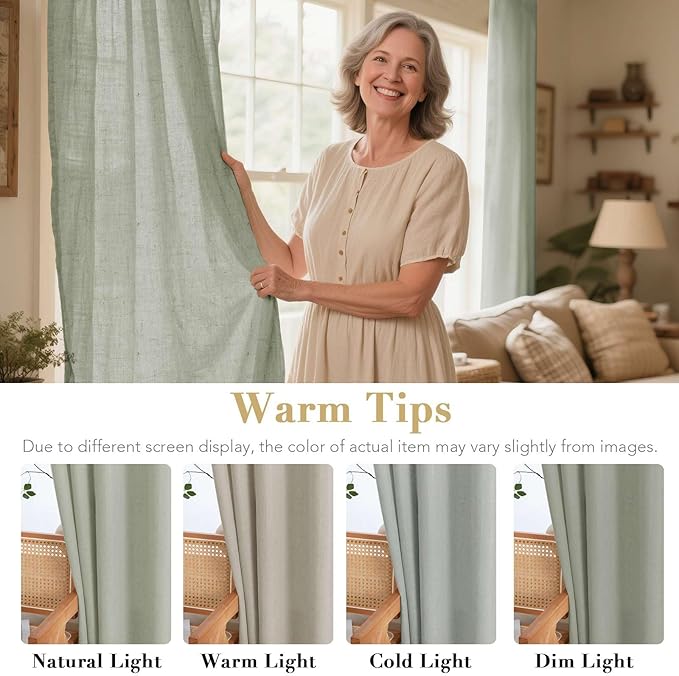 H.VERSAILTEX Living Room Linen Curtains - Semi Sheer, Nickel Grommet, Energy Saving, Light Filtering Window Treatments - Sea Grass, 2 Panels, 52 x 63 Inch