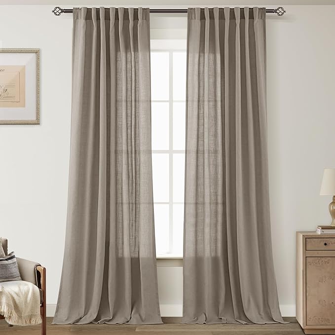 Taupe Linen Curtains 96 inches Long for Living Room Back Tab Rustic Farmhouse Semi Sheer Light Filtering Window Curtain Dining Room Soft Thick Flax Linen Textured Drapes Burlywood Birch Dark Brown