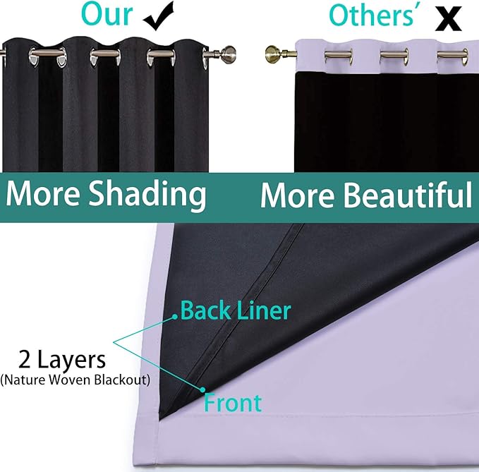 Yakamok Lilac 100% Blackout Lined Curtains, 2 Thick Layers Completely Blackout Window Treatment Thermal Insulated Drapes for Kitchen/Bedroom (1 Pair, 52W x 72L)