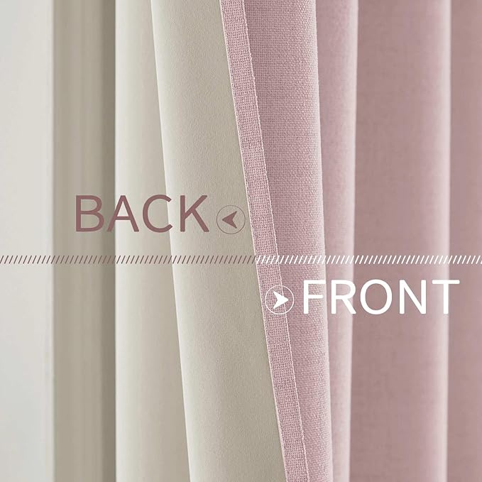 MIULEE Linen Texture Curtains for Bedroom Solid 100% Blackout Thermal Insulated Pink Curtains Grommet Room Darkening Drapes for Living Room Nursery 52x96 Inch (2 Panels)