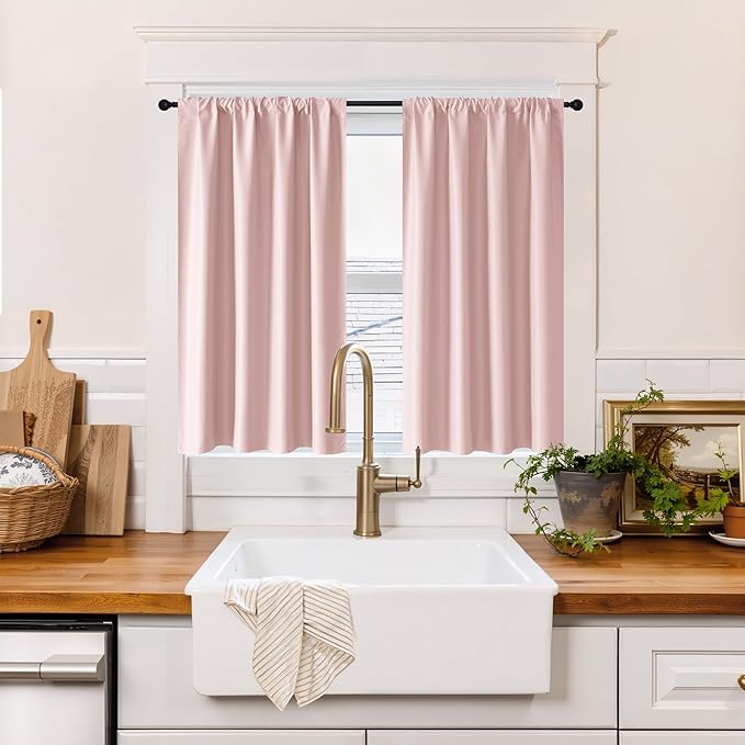 RYB HOME 100% Blackout Basement Curtains 36 inches Long, Heat & UV Blocking Total Room Darkening Noise Reducing Curtains for Bathroom RV Campers, Baby Pink, 2 Panels Set