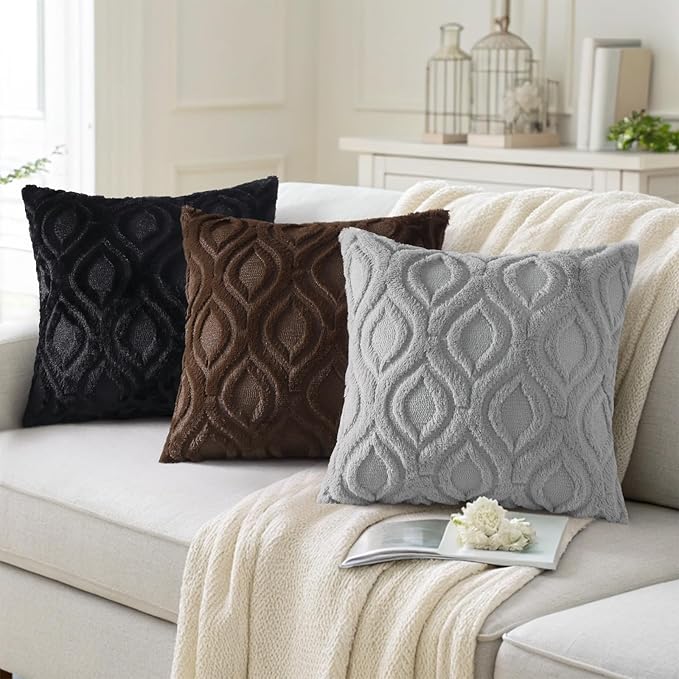 decorUhome Throw Pillow Covers 24x24 Inch Set of 2, Soft Plush Faux Wool Grey Solid Couch Pillow Covers, Accent Euro Sham Farmhouse Neutral Square Pillow Cases for Sofa Bed Living Room