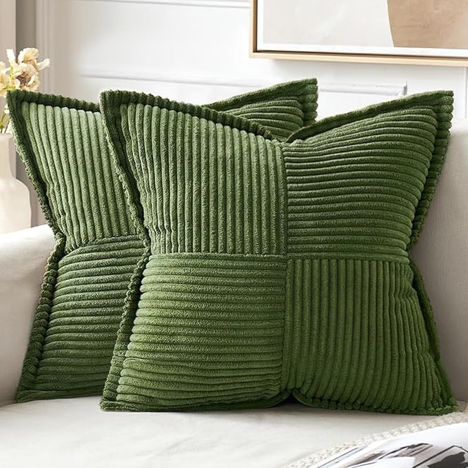 MIULEE Spring Decorative Throw Pillow Covers for Couch Bed Livingroom 20x20 Inch Set of 2 Moss Green Boho Accent Throw Pllows Broadside Striped Patchwork Soft Corduroy Summer Pillowcases
