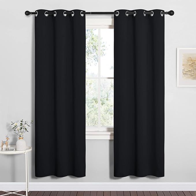 NICETOWN Bathroom Blackout Thermal Curtains and Drapes, Black Solid Thermal Insulated Grommet Blackout Drapery Panels for Window (2 Panels, 34 inches Wide by 72 inches Long, Black)