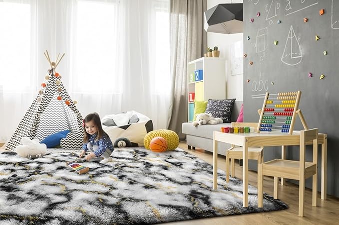 TWINNIS Super Soft Shaggy Rugs Fluffy Carpets, 5x8 Feet, Indoor Modern Plush Area Rugs for Living Room Bedroom Kids Room Nursery Home Decor, Upgrade Anti-Skid Rectangular Fuzzy Rug, Grey Gold