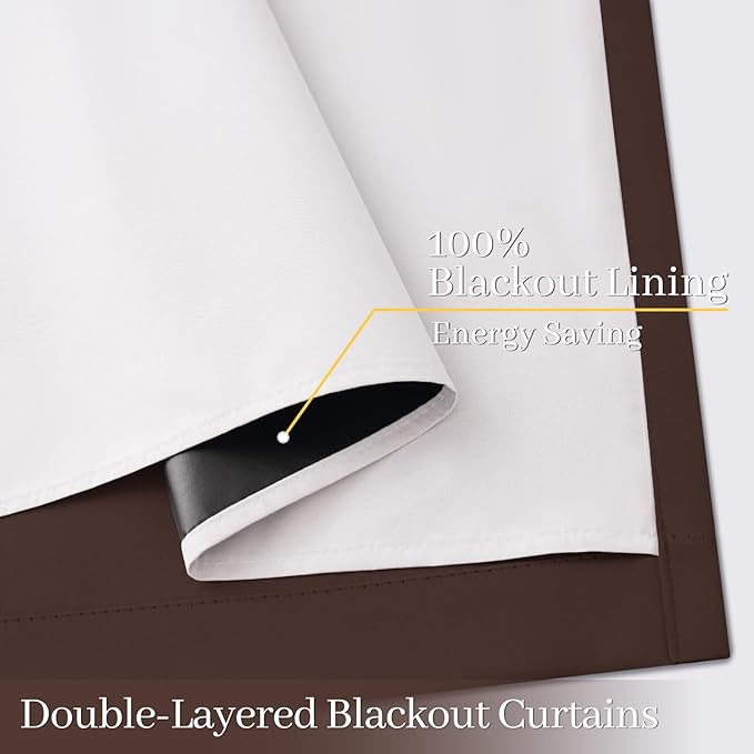 Yakamok 100% Blackout Curtain Panels 84 inches Cold and Light Blocking Drapes for Nursery, 2 Thick Layers Thermal Insulated Draperies (2 Pieces, 50 Wide Each Panel, Brown/White Backing)