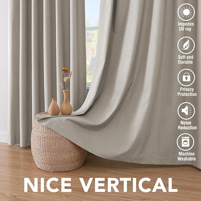 H.VERSAILTEX Linen Blackout Curtains 63 Inches Long 100% Absolutely Blackout Thermal Insulated Textured Linen Look Curtain Draperies Anti-Rust Grommet, Energy Saving with White Liner, 2 Panels, Stone