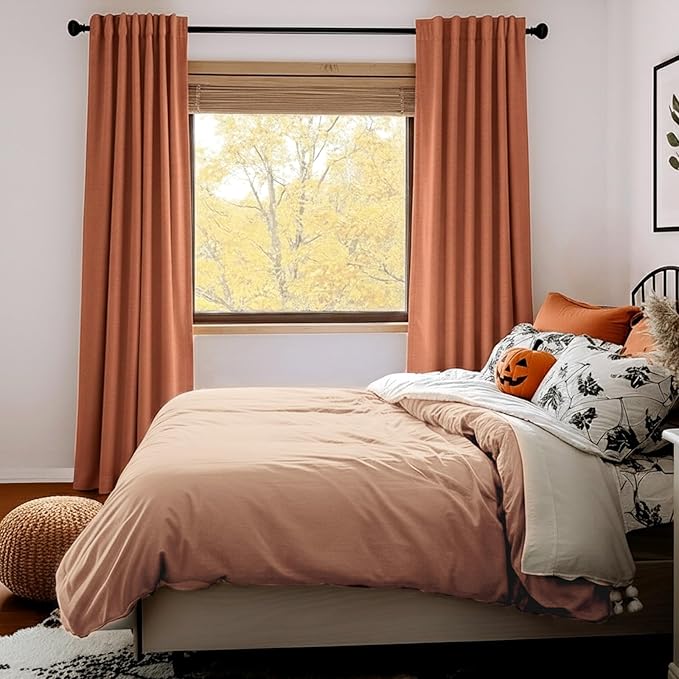 100% Blackout Shield Linen Blackout Curtains for Bedroom 84 Inches Long, Back Tab/Rod Pocket Living Room Drapes, Thermal Insulated Blackout Curtains 2 Panels Set, 50" W x 84" L, Burnt Orange