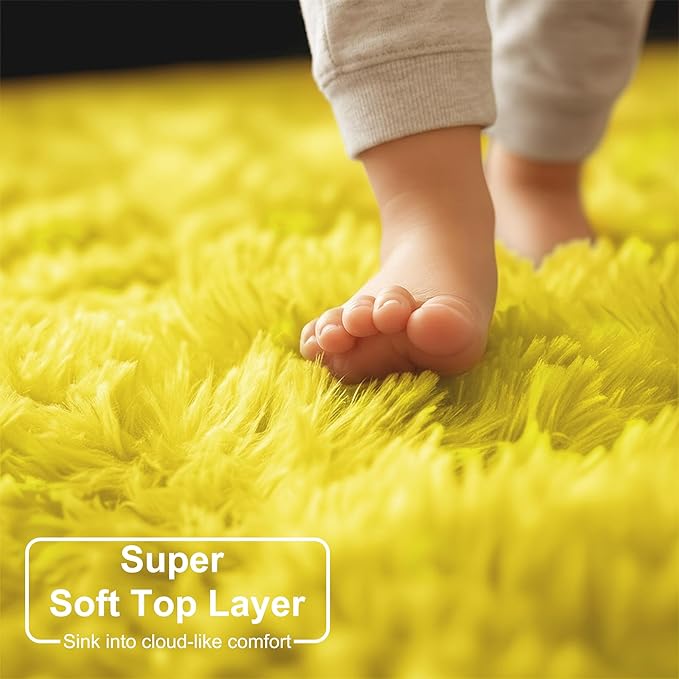 Amdrebio Yellow Circle Round Rug 6Ft for Living Room Bedroom, Fluffy Fuzzy Shag Furry Area Rugs for Baby Kids Room Decor Aesthetic, Cute Plush Kawaii Carpet for Classroom Nursery Teen Girls Boys
