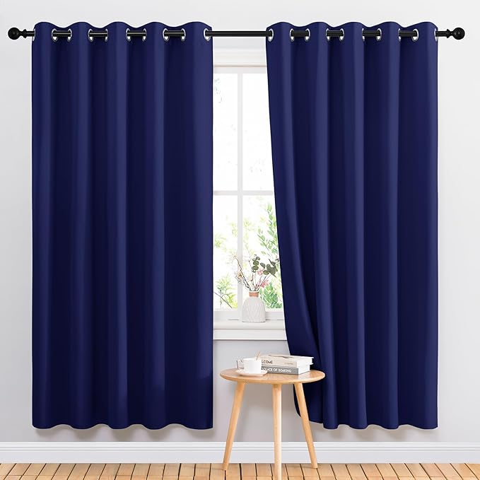 NICETOWN Bedroom Curtains Blackout Drapery Panels, 2 Panels, 70 x 72 inches, Royal Blue, Three Pass Microfiber Thermal Insulated Solid Ring Top Blackout Window Curtains/Drapes