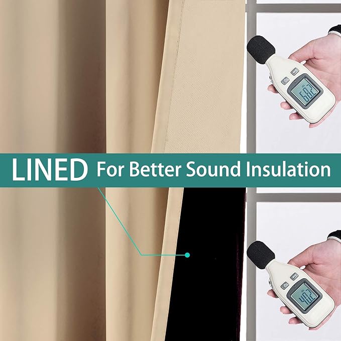 Yakamok 100% Blackout Curtains with Black Lined Thermal Insulated Light Blocking Curtains Heat Blocking Drapes for Bedroom(52Wx96L, Beige, 2 Panels)