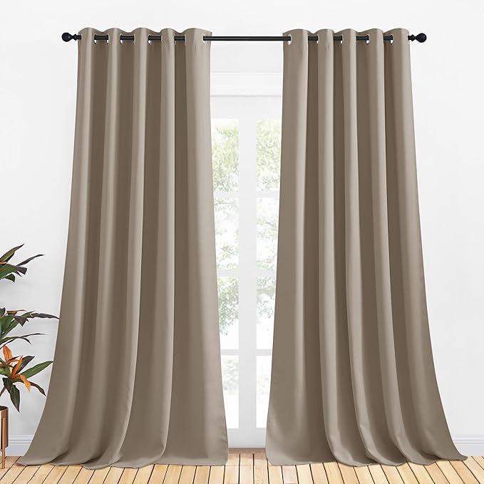 NICETOWN Bedroom Curtains Blackout Drapery Panels, 2 Panels, 70 x 108 inches, Taupe, Three Pass Microfiber Thermal Insulated Solid Ring Top Blackout Window Curtains/Drapes