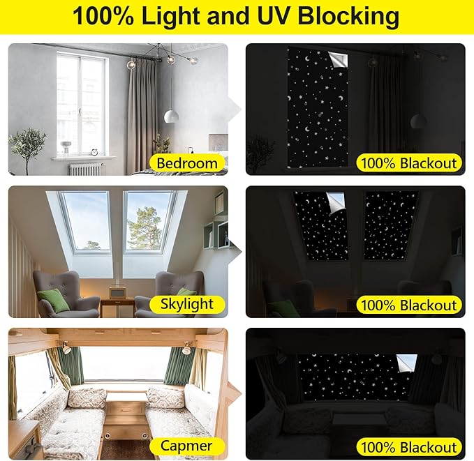FADOTY 100% Blackout Window Cover Film, Portable Black Out Curtains for Bedroom, Cuttable Blackout Shades Fabric Sheet, No Drill Window Blinds, Sun Heat Light Blocker for Travel Media Dorm, 57'' W