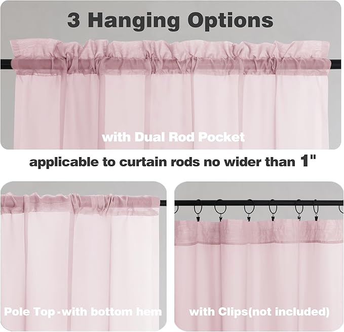 Chyhomenyc Sheer Valances for Windows, Small Window Curtains for Living Room Bathroom Laundry Basement, Modern Dual Rod Pocket Voile Valance Curtain, 42W x 14L inches, 2 Pcs, Blush Pink
