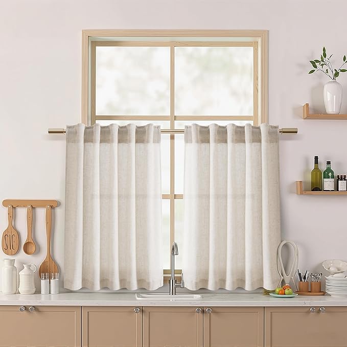 Nanspring Beige Curtains for Kitchen Windows Over Sink 36 inch Length Rustic Farmhouse Linen Blend Semi Sheer Curtains Back Tab and Rod Pocket Small Window Curtain for Cafe 30 x 36 Inch,2 Panels