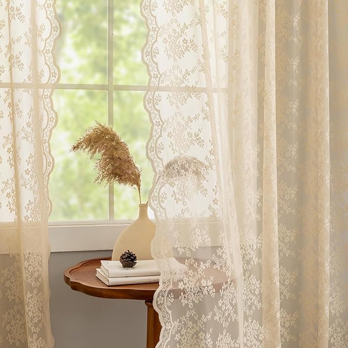 YJ YANJUN Vintage Lace Curtains 108 Inches Long-Victorian Floral Beige Sheer Curtains for Living Room Bedroom Light Filtering Drapes Antique Shabby Chic Cottage Core Decor 9ft W52 X L108 Light Brown
