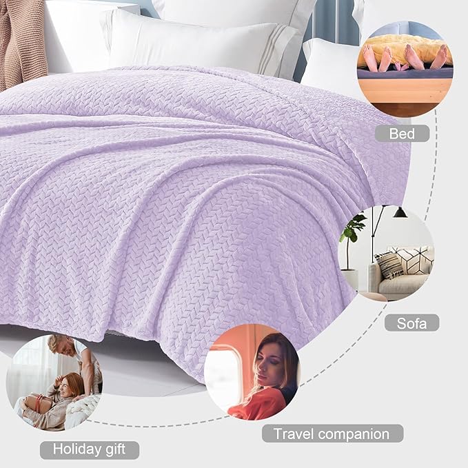 Exclusivo Mezcla Fleece King Size Blanket for Bed, 90x104 Inches Soft Cozy Jacquard Flannel Blankets, Lightweight Fuzzy Plush Warm for Women, Lilac Purple